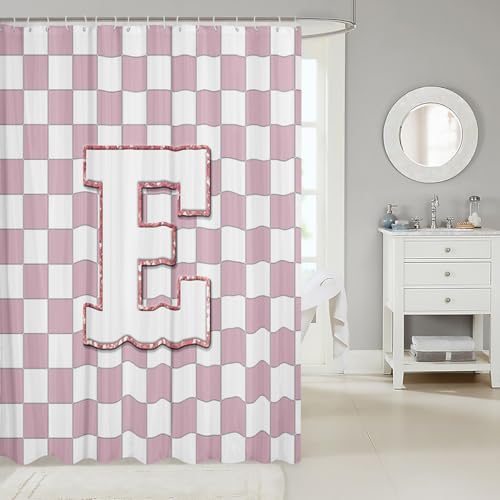 Image of Erosebridal Pink Initial E Shower Curtain 72 inch Wx72 L Kawaii Plaid Checkered Bathroom Curtain Cute Personalized Monogram Bathroom Accessories for Kids Girls,Fashion Grids Gingham Shower Decor