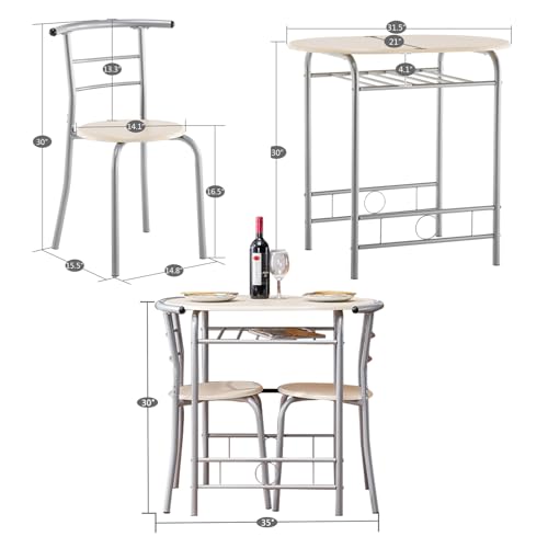 Image of VINGLI 3 Piece Dining Set, Small Kitchen Table Set for 2, Breakfast Table Set, Kitchen Wooden Table with 2 Chairs for Small Space /Dining Room /Apartment, Metal Frame, Wine Rack, Beige