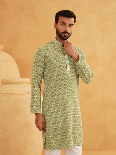 Image of SOJANYA Men's Coffee Brown Cotton Blend Kurta with Intricate Embroidery & Subtle Sequin Work