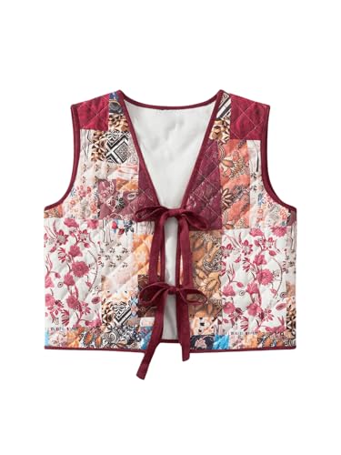 SweatyRocks Women's Floral Print Padded Vest Jacket Bow Tie Front Sleeveless Gilet Puffer Coat