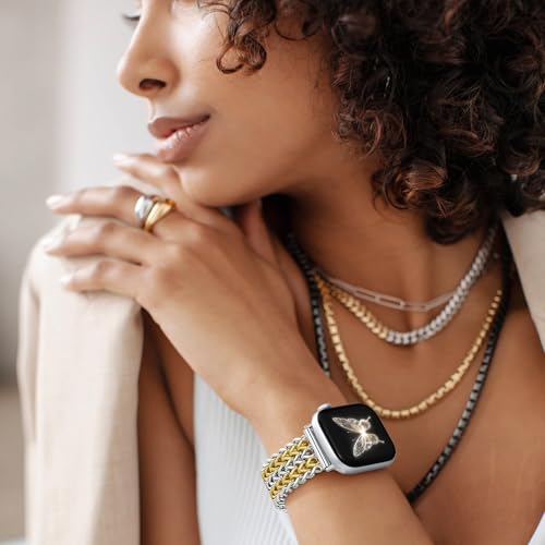 Image of Metal Band Compatible with Apple Watch Bands for Women 40mm 41mm 42mm 38mm 44mm 45mm 46mm 49mm, Dressy Stainless Steel Link Bracelet, Designer Strap for iWatch Series 11 /SE /10 /9 /8 /7 /6 /5 /4 /3 /2 /1 /Ultra