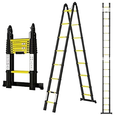 Telescoping Ladder A Frame 16.5Ft with Stabilizer Bar, Black+Yellow