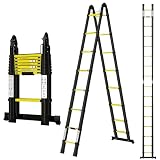 Telescoping Ladder A Frame 16.5Ft with Stabilizer Bar, Black+Yellow