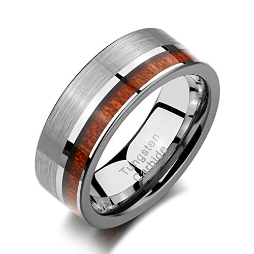 Wuziwen Nature Koa Wood Inlay Tungsten Carbide Wedding Band 8mm Silver Brushed Polish Ring Size 9