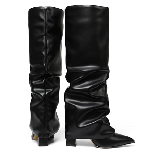 Image of Synchoiss Women's Wide Calf Knee High Block Heel Boots | Synthetic Leather Fold Over Tall Boots, 10cm Block Heel,Slip On, Non-Slip Rubber Sole for Fall Party Daily Wear