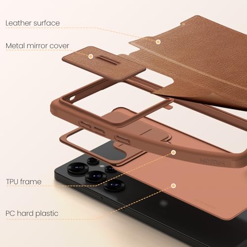 Image of Nillkin Case for Samsung Galaxy S25 Ultra (6.8 inch Inch) Qin Pro Camshield Camera Slider Genuine Classic Leather Flip Folio + Card Slot Brown Color