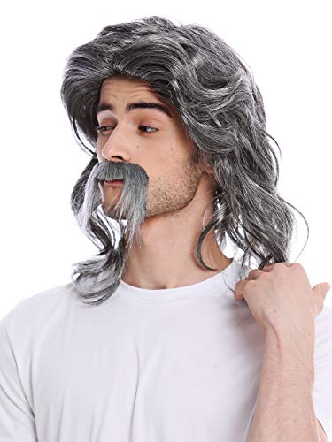 Photo de WIG ME UP - 91098-ZA63/ZA103 Perruque Longue Moustache Homme Gaulois Germain Barde beauf prolétaire années 70 Coupe mulet Gris moucheté