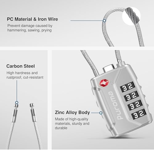 Image of Puroma TSA Approved Luggage Lock, 4 Digit Combination Travel Locks Resettable Code Lock with Zinc Alloy Body for Suitcase, Toolbox, Backpack, Bag, Gym Locker, Silver, Modern