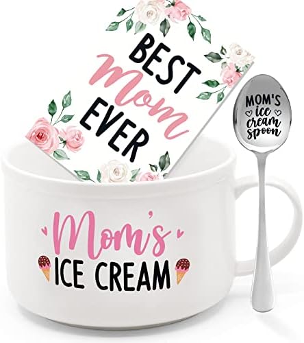 Nefelibata Mom's Ice Cream Bowl and Spoon Set with Best Mom Ever Greeting Card Mother's day Birthday Retirement Engraved Gift Box Basket for Her Mommy's Present from Daughter Son Set of 3