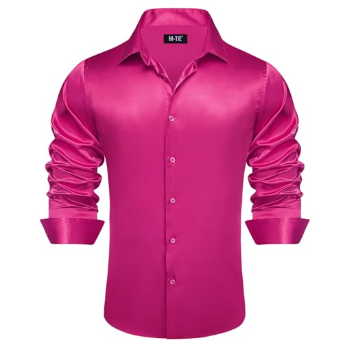 Image of Hi-Tie Men's Silk Satin Dress Shirts Long Sleeve Shiny Casual Button Up Shirts Luxury Party Disco Prom Wedding Shirt