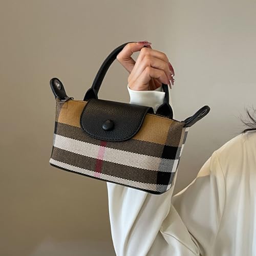 Image of Mini Plaid Canvas Handbag for Women PU Leather Top Handle Checked Bucket Hand Bag