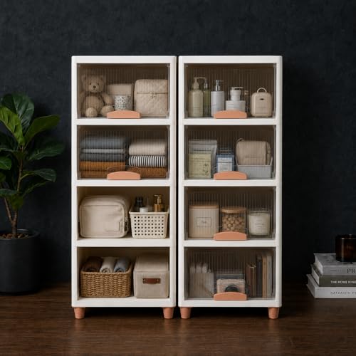 Image of Ash & Roh Multi-Layer Plastic Storage Cabinet with Transparent Flip Door | Space Saving Organizer for Kitchen, Bedroom, Office | Foldable Stackable Storage Unit with Legs | (4-Tier + 4-Tier White Box)