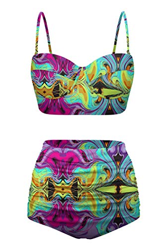 Angerella Womens Abstract Printed Swimwear Classic Pattern Swimsuits High Waisted Bikini Set,L