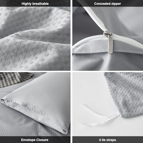 DCSKY Cotton Duvet Cover Queen,100% Cotton Waffle Weave Grey Duvet Covers Queen Size,Luxury Textured & Breathable 3pcs with 2 Pillow Shams for All Season 90x90 Inches — view 6