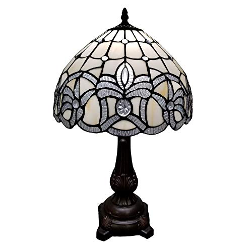 Tiffany Style Table Lamp Banker 19" Tall Stained Glass White Mahogany Elegant Floral Vintage Antique Light Décor Living Room Nightstand Bedroom Handmade Gift AM281TL12B Amora Lighting