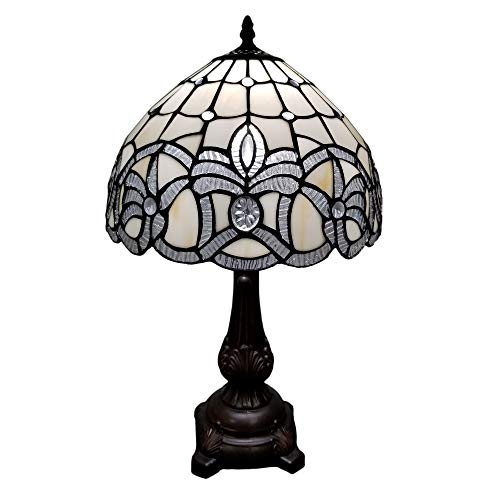 Amora Lighting Tiffany Style Table Lamp Banker 19" Tall Stained Glass White Mahogany Elegant Floral Vintage Antique Light Décor Living Room Nightstand Bedroom Handmade Gift AM281TL12B