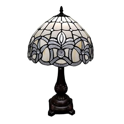 Tiffany Style Table Lamp Banker 19" Tall Stained Glass White Mahogany Elegant Floral Vintage Antique Light Décor Living Room Nightstand Bedroom Handmade Gift AM281TL12B Amora Lighting