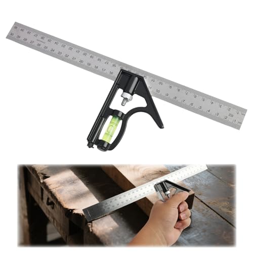 Escuadra Carpintero, Escuadra Combinada Ajustable, Regla de Ángulo de Acero Inoxidable de 300 mm, Medición Ángulo Recto 45°, Longitud y Profundidad para Carpintería y Construcción