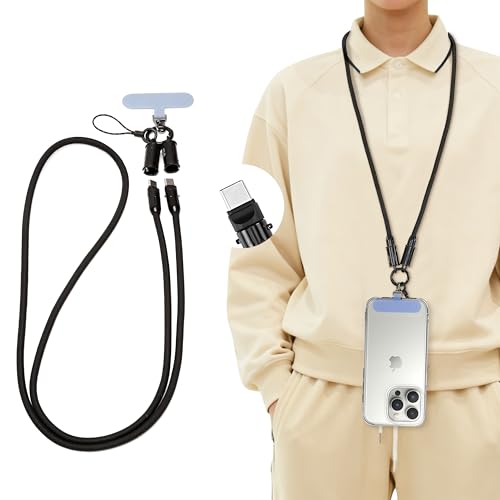Phone Lanyard Neck Strap with Built-in Charging Cable USB-C to USB-C – 2-in-1 Anti-Drop Phone Strap & Portable USB Data Cable Necklace for Travel,Compatible with iPhone, Samsung, Most Smartphones