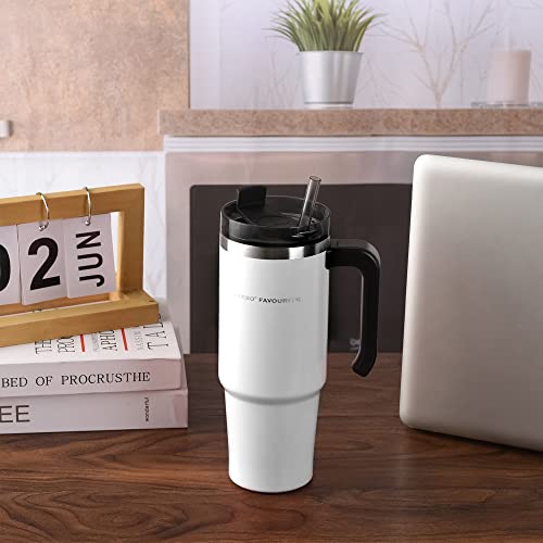 31Oz Tumbler With Handle And Straw Lid, Stainless Steel Insulated Tumblers, Travel Mug For Hot And Cold Beverages, Thermos Travel Coffee Mug Cup, White #TOP6