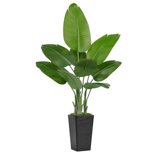 Image of Lifelike Bird of Paradise Artificial Plant 5ft Faux Banana Leaf TRE with Black Tall Wavy-Textured Planter for Home Decor- perect Indoor Silk Floor Plant for Living Room Office Ambianc Enhancement
