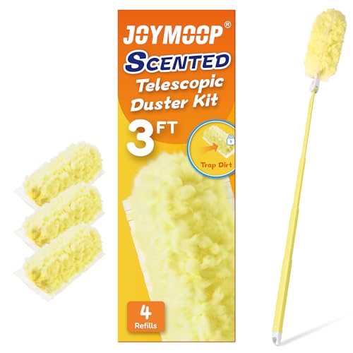 Image of JOYMOOP Scented Telescopic Duster kit, 3FT Extendable Handle (Yellow) + 4 Yellow Refills for Swiffer Feather Duster,Easy Cleaning for Ceilings, Ceiling Fans, Blinds, Vents & Shelves