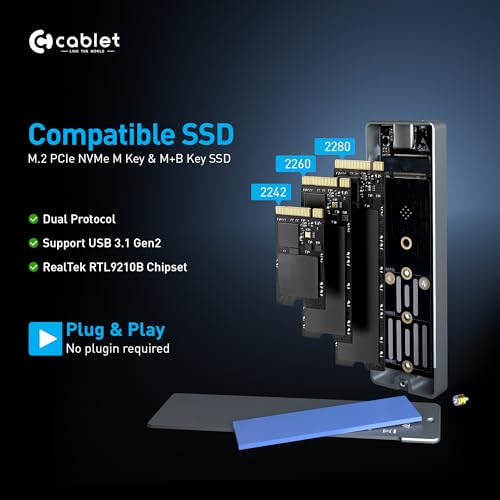Image of Cablet M.2 NVMe /NGFF SSD Enclosure USB 3.1 Gen2 10Gbps for 2242 /2260 /2280 M-Key /M+B Key PCIe SSD, Supports Dual Protocol NVMe and NGFF SSD, UASP Max 2TB, Aluminium Case
