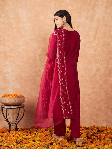 Image of INDO ERA Women's Embroidered Calf Length Silk Blend Straight Kurta Pant with Dupatta