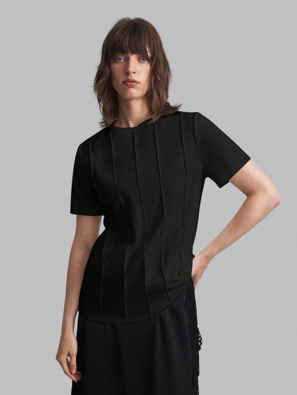 Image of DTR FASHION Women's Pure Cotton Styled with Vertical Pintuck Pattern Solid T-Shirt | Western T-Shirts for Women