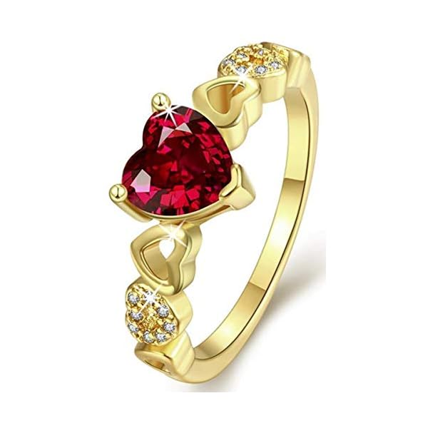 Via Mazzini 24K Gold Plated Rich Garnet Red Swiss Zirconia Crystal Heart Ring for Women and Girls (Ring0212)