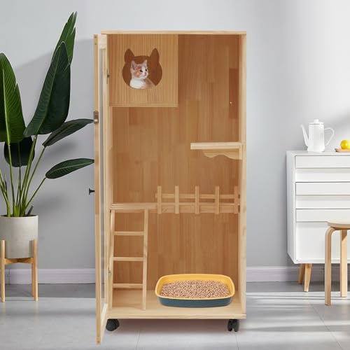 Large Wooden Cat House, 23.62 * 23.62 * 47.24in Cats Villa on Wheels for Outdoor and Indoor Cats, Kitten Cages with Shelter, Multi-Feature Enclosed Cat Condo with Clear Door - Thumbnail 5
