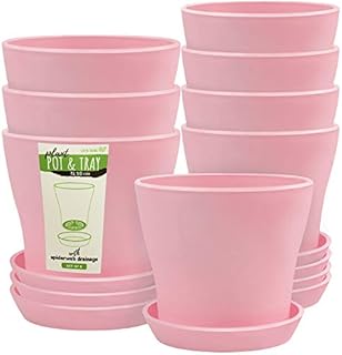 Green Thumbz Decorative Round Plant Pots, Colourful Plastic Plant Pots for Decoration, Indoor and Outdoor Seed Flower and Plants Pots with Matching Trays (8 Pack) (Small Pink)