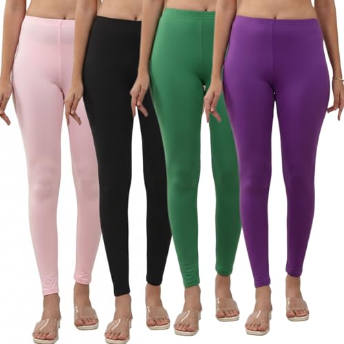 Image of Volex Women and Girls Full Length Leggings | Cotton Spandex /Elastane 4 Way Stretchable | Casual Slim fit Ultra Soft Leggings-Pack of 4