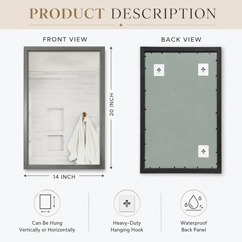 Image of Rousrie Premium Framed Glass Wall Mount Mirror, Decorative, for Bathroom, Bedroom, Living Room and Entryway, Wash Basin (14 by 20 Inch) (Greyish)