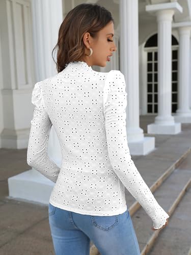 Image of Sugathari Girl's & Women's Spring /Summer Slim Fit High Neck T-Shirt with Stand Collar, Cap Sleeves and Eyelet Embroidery Frill Trim Tee Textured Sheer Fabric (T-Shirts 194 $P)
