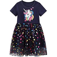Baogaier Dresses Girls Sequin Tulle Dress Horse Print Cotton Short Sleeve Navy Blue Summer Casual Glitter Embroidery Mesh Dress School Daily Wear Party Outfits Clothes Kids Children 6-7 Years