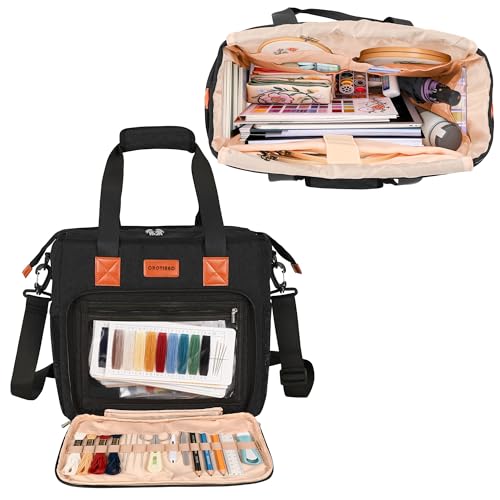 CROTIRAD Embroidery Bag Organizer for Cross Stitch Kits Cross Stitch Bag for Embroidery Kit Books Hoops Embroidery Project Bag with Shoulder Strap Black