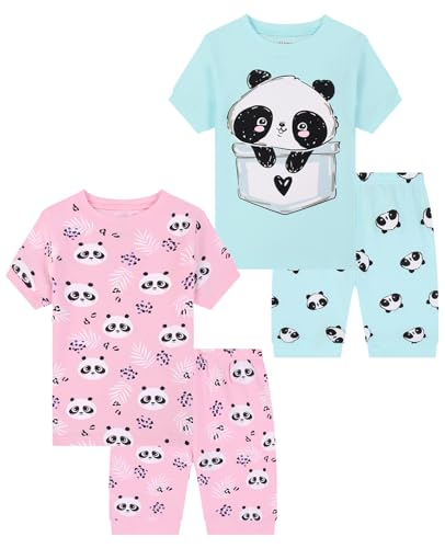 Benaive Girls Summer Pajamas 4 Pieces 100% Cotton Girls PJs Short Sets Kids Sleepwear Size 2T-12 Years