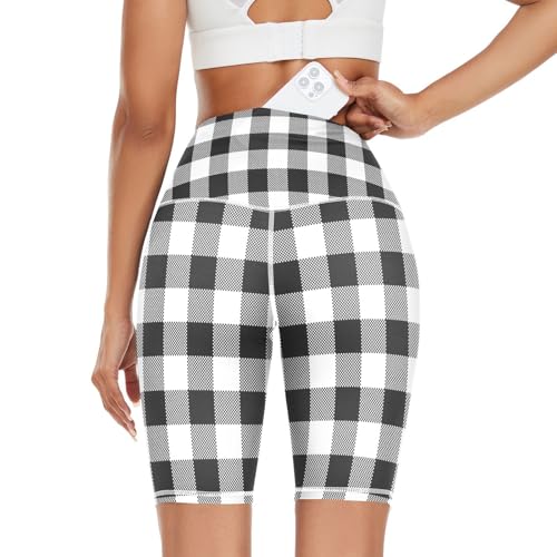Aflyko Women Biker Shorts with Pockets Gingham Plaid Black White Soft Comfy Leggings Above Knee Relax Chic Fun Summer Stretchy Bottoms, XL