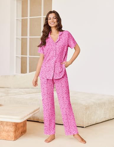 Image of Ekouaer Pajamas for Women Set Button Up Short Sleeve Pjs Sets With Pockets | Soft Womens Sleepwear,V Neck,Notch Collar,2 Piece Classic Loungewear With Long Pant for Sleep,Lounge,Fall