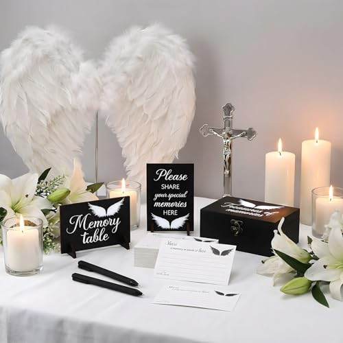 Image of Gilprop 112 Pcs Celebration of Life Memory Cards Set Share a Memory Cards with Box 2 Wood Sign with 4 Hold and 5 Pens, Sympathy Memorial Gifts Funeral Keepsake Decorations(Angel)