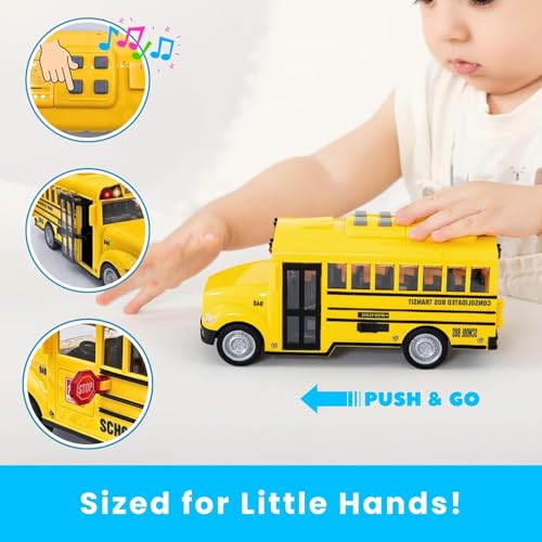 Image of PLUSPOINT Big School Bus Van Toy Friction Powered City Service Vehicle with Lights and Cool Sounds and Songs Openable Doors,Heavy Duty Push n Go Vehicles Yellow Bus Kids, Girls, Boys, Toddlers