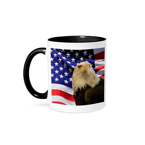3dRose mug_21650_4 Bald Eagle and American Flag - Two Tone Black Mug, Multicolor, 11 oz