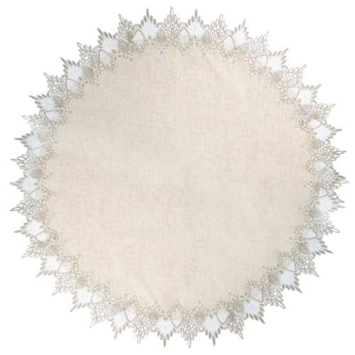 URROMA - Mantel redondo de lino beige 85 x 85 cm con borde de encaje, decoración de mesa baja de encaje, para comedor y cocina
