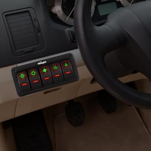 Image of Nilight 5 Gang Rocker Switch Panel SPST On Off Toggle with DIY Label Sticker | 5PIN Electrical 12V /20A 24V /10A Aluminum Plate with Pre-Wired Jumper Wires for LED Light Bar RV Boats 4X4 Cars Red