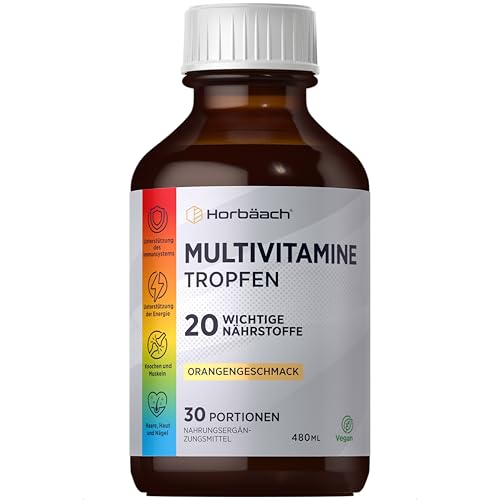 Multivitamin Komplex Tropfen | 480ml | Vegan | 20 essentielle Nährstoffe | Hochdosiert Vitamin | 30 Portionen | Orangengeschmack | Horbaach