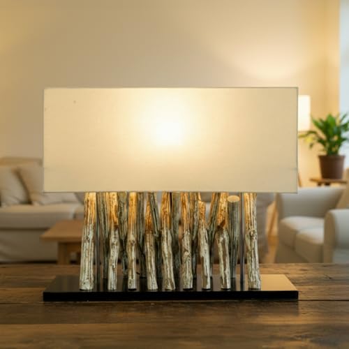 Lampe à Poser/lampe à Poser Vitoria, en Bali, Spécimen Unique Fait Main en Matériau Naturel, Bois Flotté, Coton - Modèle Vitoria, Boisflotté, 42x50x18 cm, Lampes de Table en Matériaux Naturels