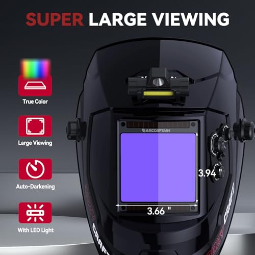 Image of ARCCAPTAIN Large View 3.94 inch x 3.66 inch True Color Auto Darkening Welding Helmet with Light, Solar Powered Welding Hood, 4 Arc Sensor Wide Shade 4 /5-9 /9-13 for Stick MIG TIG Cut,Glossy Black