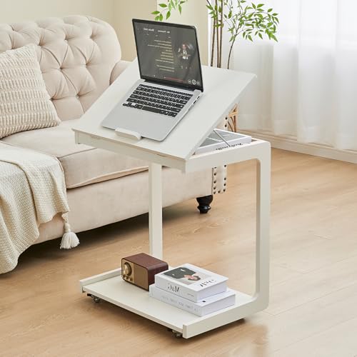Image of Uniclinens Wooden White Side Table, White End Tables Small C Shaped End Table, Couch Tables Slide Under Sofa, Rolling Side Table with Wheels for Bedroom Living Room