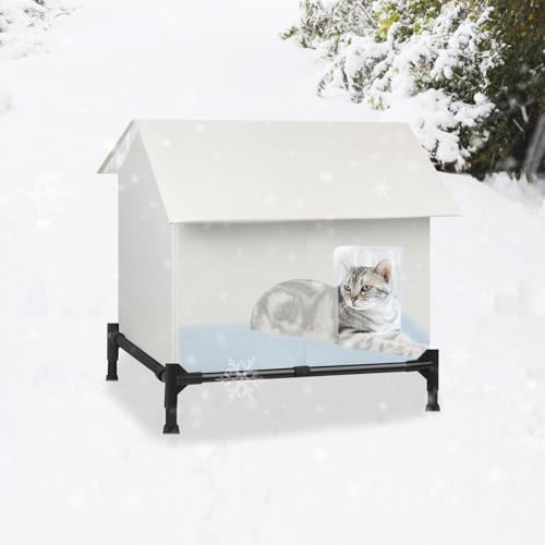 Insulated Outdoor Cat House Weatherproof for Winter w/ 2 Doors, Elevated Bed House for Outdoor Outside Feral Stray Barn Community Cats, Foldable Waterproof Cat Shelter House w/Self-Warming Pad 22x19